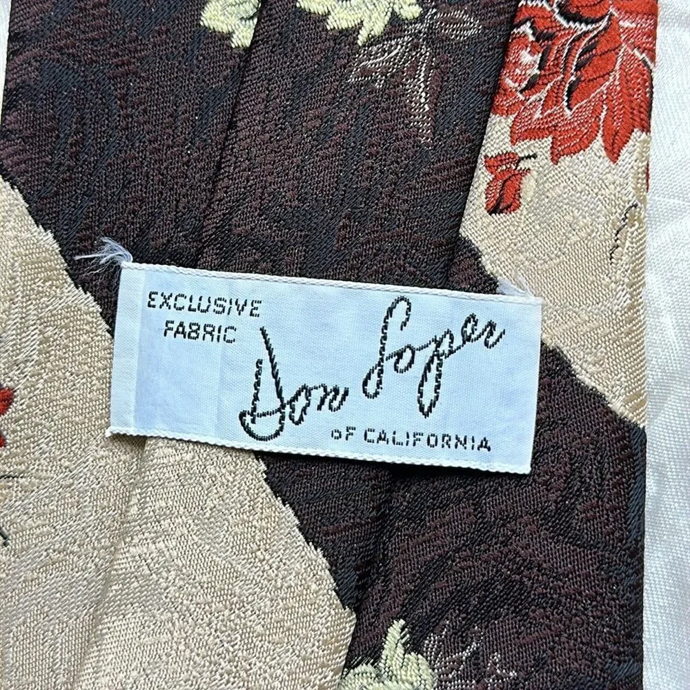 Vtg 70s Don Loper Diagonally Striped Floral Patterned Wide‎ Tie in Cream & Brown